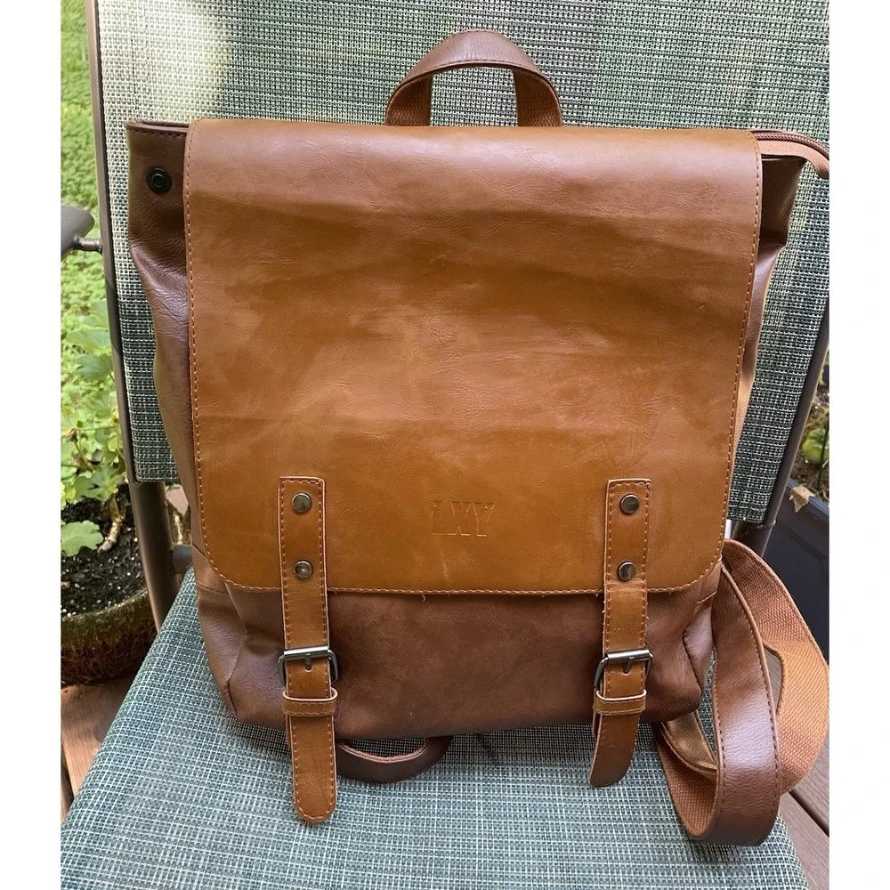 LXY Vegan Leather Backpack Brown Flap Buckle Laptop Pocket Travel Bag